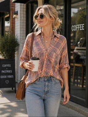 Anthro Holding Horses Plaid Lyocell Blouse Size 6 Boho Oversized Top
